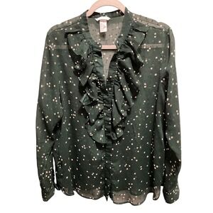 H&M Green Polka Dot Ruffle V Neck Long Sleeve Sheers women size L